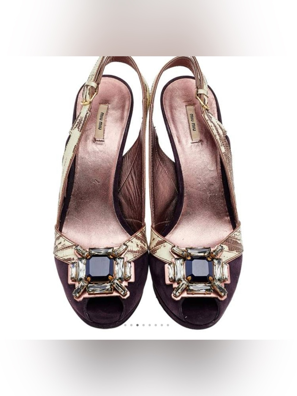 Miu Miu Lizard Embossed Leather and Suede peep toe slingback jewel buckle heels